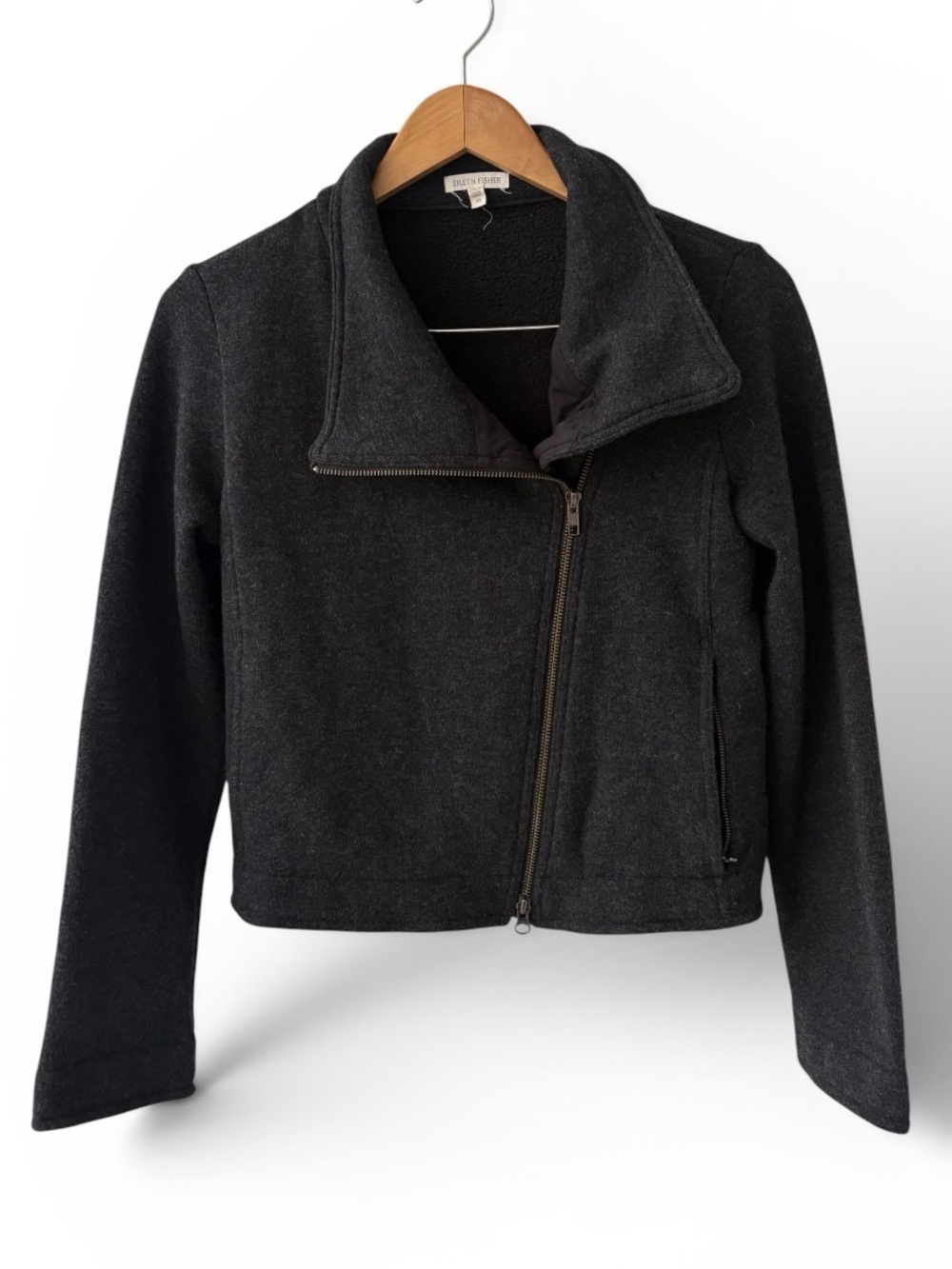 Eileen Fisher Wool Blend Moto Jacket Womens XS Black Asymmetrical Zip Cropped